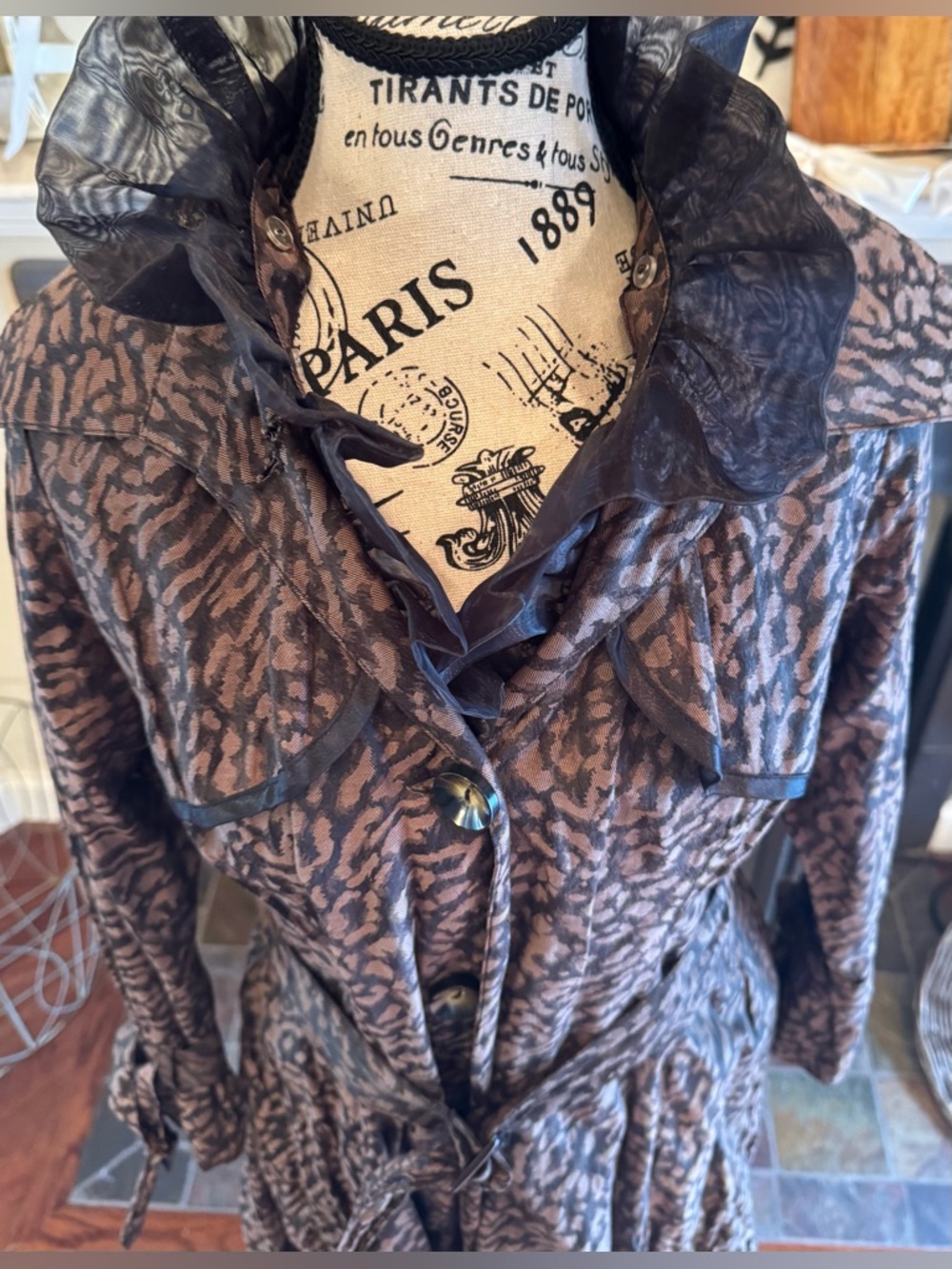 Vintage Y2K Leopard Print Black Tulle Ruffle Belt Trench Coat Avant Garde Small - Picture 4 of 12